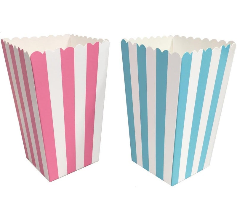 Outside the Box Papers Gender Reveal Paper Popcorn Boxes - Blue Pink White - Stripe Pattern - 24 Pack - Image 1